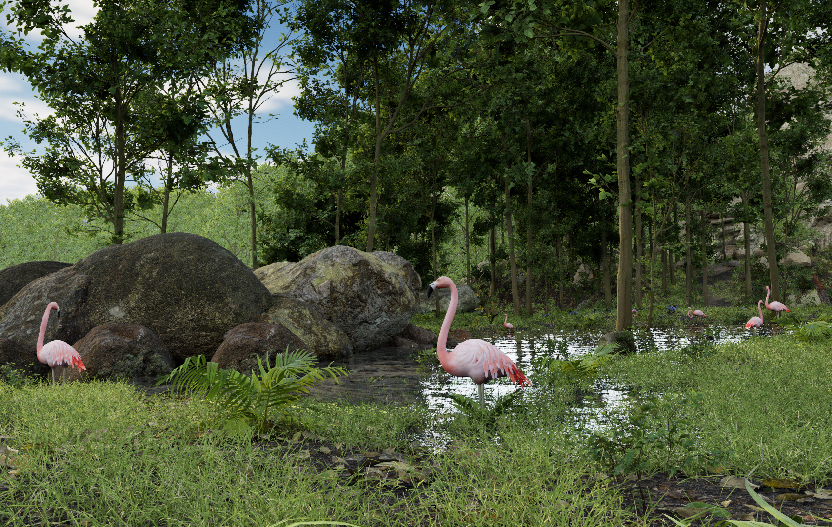 VR solution for pain management scene depicting flamingos in a serene pond surrounded by lush greenery and large rocks, designed to provide a serene, immersive environment for therapeutic purposes.